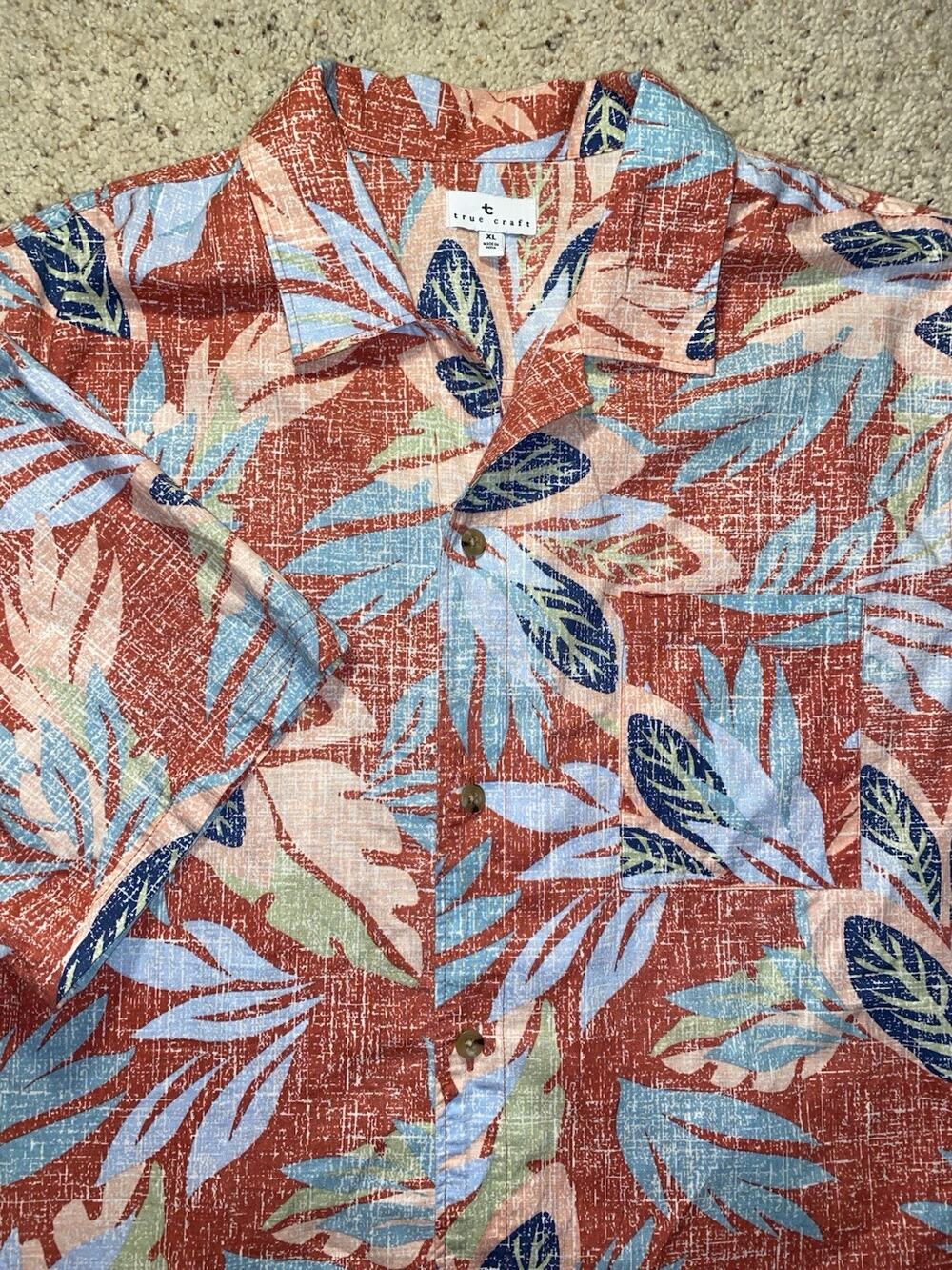 True Craft Mens XL Red Blue Cotton Tropical Hawaiian Camp Summer Floral Shirt